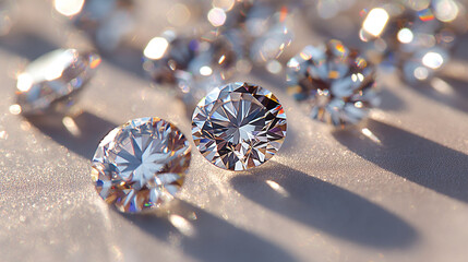 Fototapeta premium Close up of diamonds of different cuts and sizes on light background with shadows.