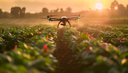 Agriculture drone fly to spray fertilizer. Smart farmer use drone for various fields like research analysis, terrain scanning technology, smart technology concept.