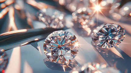 Close up of diamonds of different cuts and sizes on light background with shadows. - obrazy, fototapety, plakaty