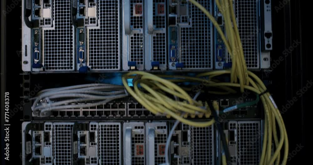 Aufkleber System, hardware cables and server room in information technology, cybersecurity or engineering background. Mainframe connection, cloud computing and machine for data center or backup in neon light
