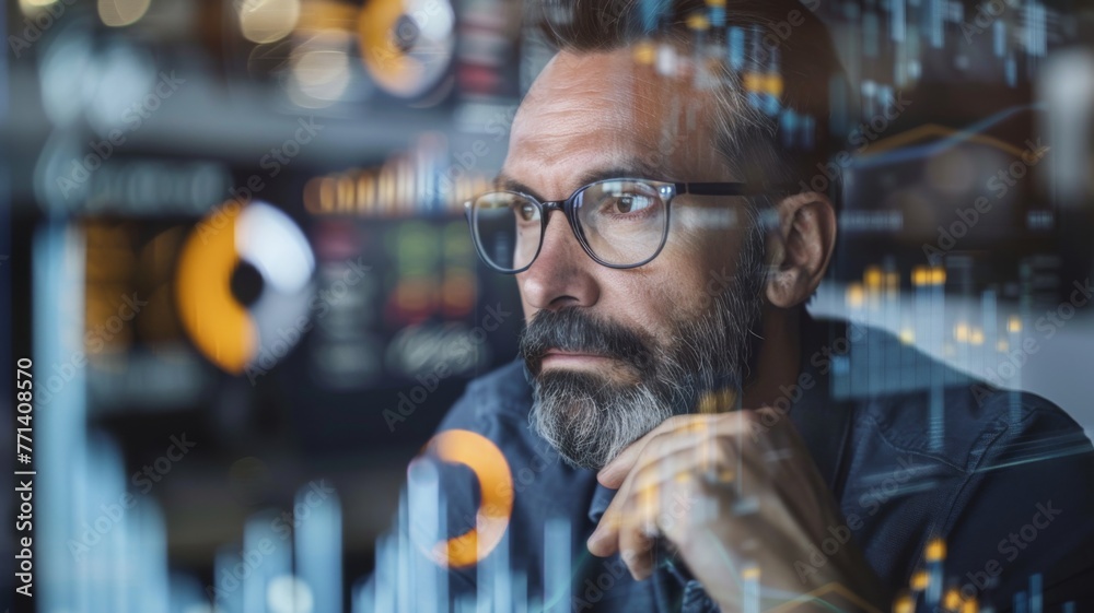 Poster data analyst working with blurred face - this stock image captures a data analyst deeply focused on 