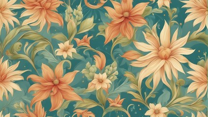 Generative AI. Graphic Seamless floral pattern with flowers and leaves for photo frame, wallpaper, cushions, pillow covers, diary covers, book covers, or any creative printing requirement. Botanical 