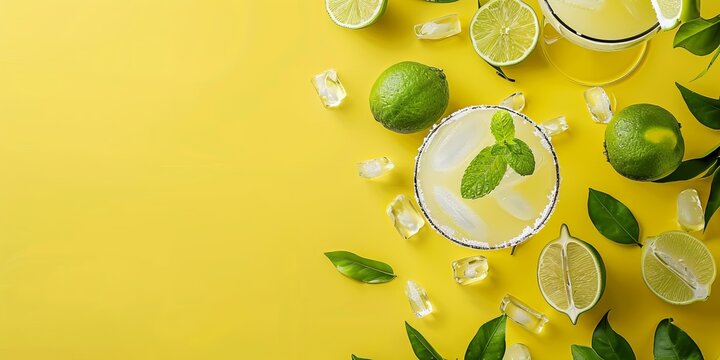 Margarita cocktail and limes around, top view banner on the yellow background with copy space