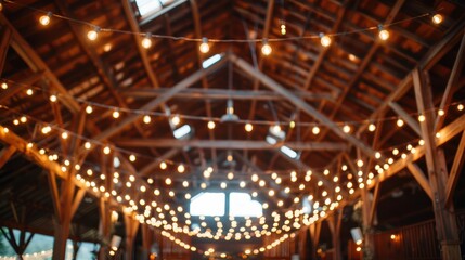 A rustic barn wedding with string lights and wooden decor.  - obrazy, fototapety, plakaty