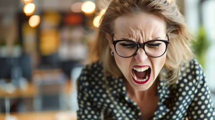 Fotobehang Frustrated woman in glasses screaming - A professional adult female in frustration or anger, face contorted screaming © Tida