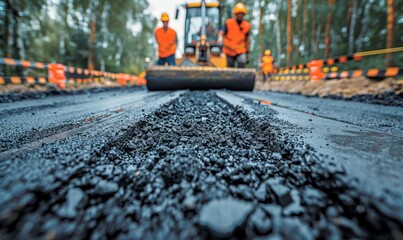 Road construction workers' teamwork, tarmac laying works at a road construction site, hot asphalt gravel leveled by workers, and road surface repair, Generative AI - obrazy, fototapety, plakaty