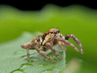 Cute jumping spider on the leaf seen from the side