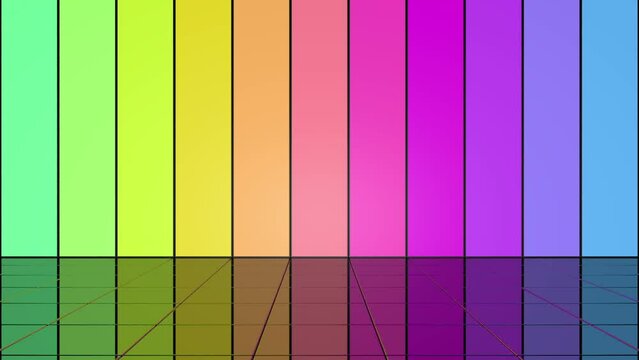 Raum mit in Regenbogenfarben leuchtenden Wandelementen, endloser Farbwechsel