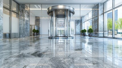 An office building entrance with a revolving door and polished marble floors. - obrazy, fototapety, plakaty