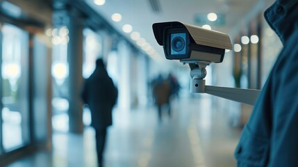 A close-up of a security guard monitoring surveillance cameras in an office building. 