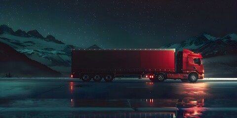 A red semi truck symbolizes constant movement of goods in the global economy at night. Concept transportation, global economy, red semi truck, night scene - obrazy, fototapety, plakaty