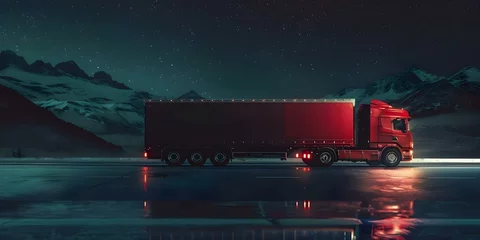  A red semi truck symbolizes constant movement of goods in the global economy at night. Concept transportation, global economy, red semi truck, night scene © Anastasiia