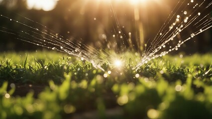 Generative AI. Garden water sprinkler. Automatic sprinkler watering green grass on sunny day in garden. Irrigation system stock photo
 - obrazy, fototapety, plakaty