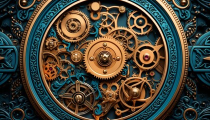 technological background of gears and clock mechanisms - obrazy, fototapety, plakaty