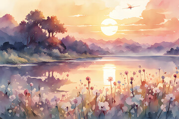 Watercolor painting of the sun setting over a lake
Generative AI