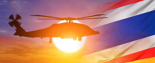 Military helicopter and National flag on sky background. Thailand holiday concept. 3d illustration - obrazy, fototapety, plakaty