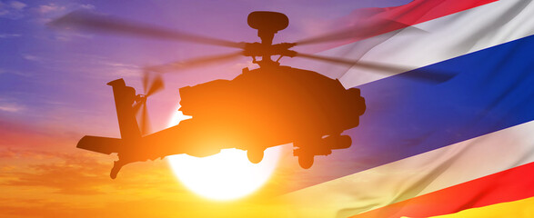 Military helicopter and National flag on sky background. Thailand holiday concept. 3d illustration