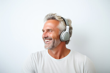 Middle aged man over isolated white background listening music with headphones
