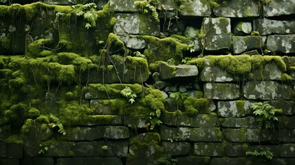 Mossy Stone Brick Wall - obrazy, fototapety, plakaty