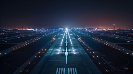 Aerial View of an Airport Runway at Night - obrazy, fototapety, plakaty