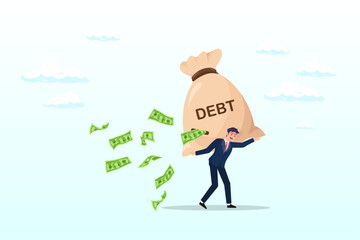 Tried businessman carrying big debt money bag losing money banknotes, debt burden, financial obligation or loan payment, heavy load of money failure, mortgage or borrowing money problem (Vector)