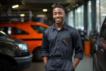Young African American man in mechanic uniform