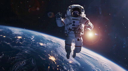 An astronaut floats in orbit, Earth's vibrant hues in the background, serene yet awe-inspiring, ample space for text