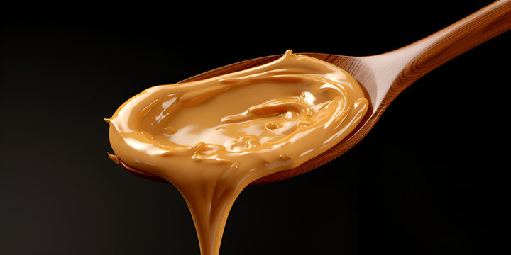 A jar of peanut butter with a spoon in it Close up of spoon scooping dulce de leche out of a jar on dark background.