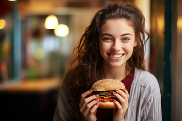 Young pretty brunette girl at indoors holding a burger