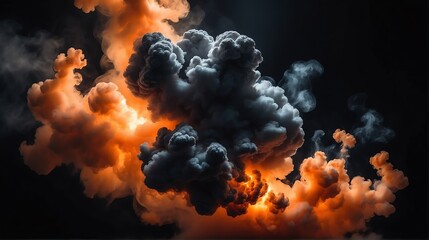Beautiful orange abstract light background with cloudy puffs of smoke with dramatic backlighting backdrop on plain black from Generative AI - obrazy, fototapety, plakaty