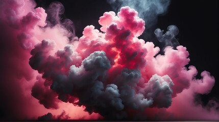 Beautiful pink abstract light background with cloudy puffs of smoke with dramatic backlighting backdrop on plain black from Generative AI