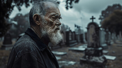 Old man mourns loss amid cemetery's silent grief at he graveyard - obrazy, fototapety, plakaty
