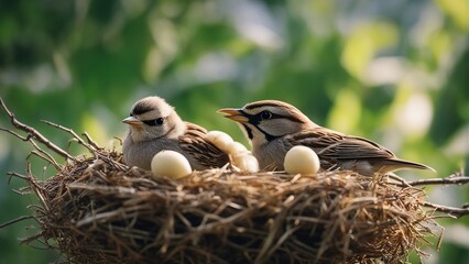 Generative AI. Beautiful family of sparrows. Adorable baby sparrow with their parents. Nature displaying its beauty. nest on tree. birds enjoying together. design, Pillow cover, painting, photo frame.
