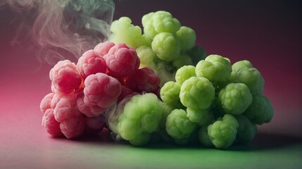 Closeup berry pink to lime green color gradient texture surface of cloudy puffs of smoke backdrop background dramatic lighting from Generative AI