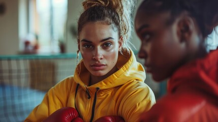Determined middle aged woman boxer preparing for boxing fight. Fitness mid adult woman preparing for boxing training at gym. Beautiful strong sportswoman in boxing gloves prepared right hand punch.