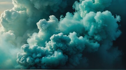 Closeup jade green to turquoise blue color gradient texture surface of cloudy puffs of smoke backdrop background dramatic lighting from Generative AI - obrazy, fototapety, plakaty
