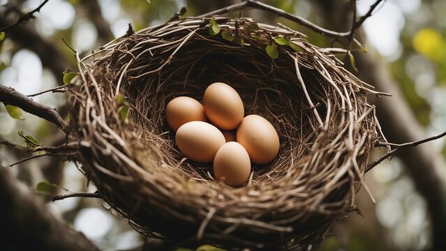 Brown eggs close-up in Bird's nest in forest, trees. Set yourself apart. Be different. Become premium. Premium niche. Unique selling proposition. Generative AI. design, Pillow cover, painting, frame.