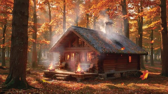 Immerse yourself in the rustic charm of fall with this enchanting 4k looping video, featuring a vintage house set amidst vibrant stacks of wood.