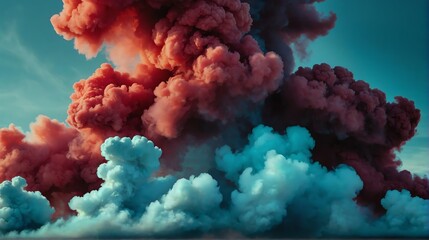 Closeup mahogany red to turquoise blue color gradient texture surface of cloudy puffs of smoke backdrop background dramatic lighting from Generative AI