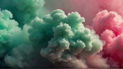 closeup raspberry pink to mint green color gradient texture surface of cloudy puffs of smoke backdrop background dramatic lighting from Generative AI - obrazy, fototapety, plakaty