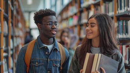 Two Fellow Students Inside The Library On The University Campus, Searching For Information In Books For Their Study Work. Generative AI.