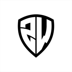 ZW monogram logo with bold letters shield shape with black and white color design