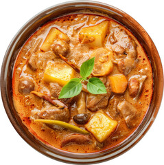 Thai massaman curry with chicken and potatoes in white bowl cut out on transparent background