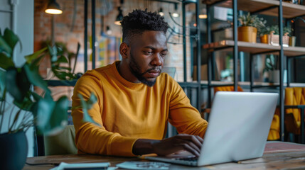 Young Black Self-Employed Man With Worried Gesture Checking Taxes And Fees Of His Business On A Laptop, Working From Home. Businessman Requesting An Online Loan From His Bank. Generative AI.