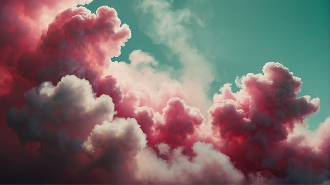 closeup raspberry pink to mint green color gradient texture surface of cloudy puffs of smoke backdrop background dramatic lighting from Generative AI