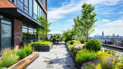 An office building rooftop garden providing a peaceful retreat for employees. 