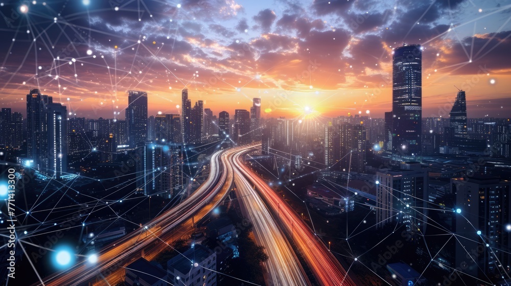 Wall mural smart city with connecting network and internet of things digital graphics over the skyline aig41