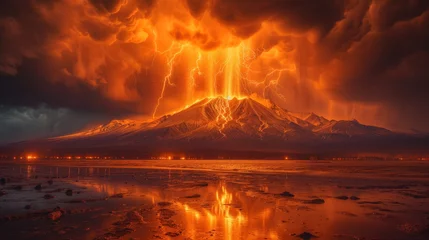 Tuinposter Donkerrood fiery volcano eruption landscape