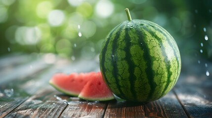 Close up of a fresh Watermelon on a rustic wooden Table
