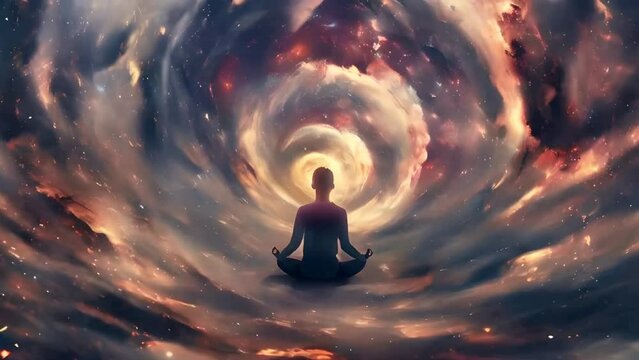 person meditating in the center of an infinite galaxy, with a cosmic background of swirling galaxies and stars, concept of spiritual enlightenment and meditation